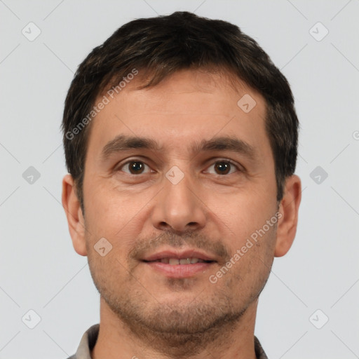 Neutral white young-adult male with short  brown hair and brown eyes