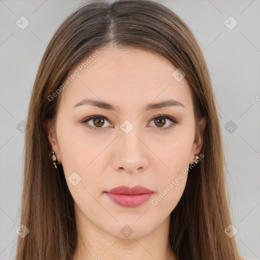 Neutral white young-adult female with long  brown hair and brown eyes