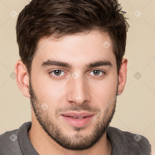 Neutral white young-adult male with short  brown hair and brown eyes