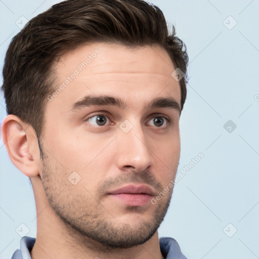 Neutral white young-adult male with short  brown hair and brown eyes