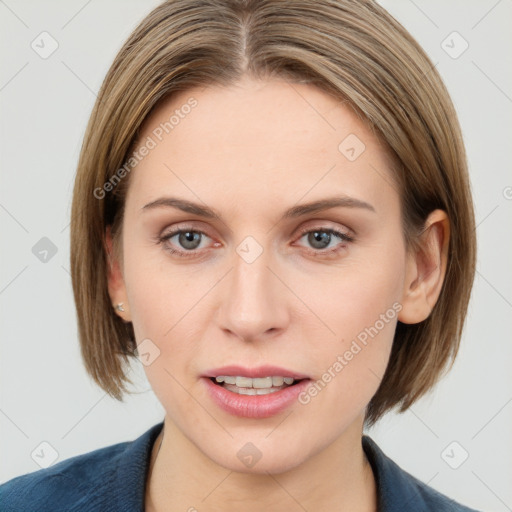 Joyful white young-adult female with medium  brown hair and blue eyes