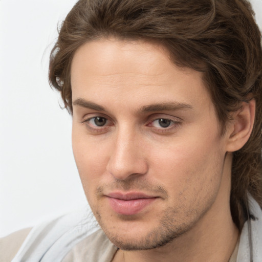 Neutral white young-adult male with short  brown hair and grey eyes