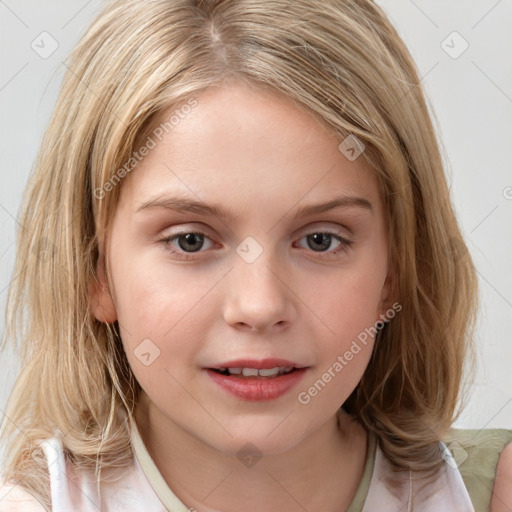 Joyful white child female with medium  brown hair and brown eyes