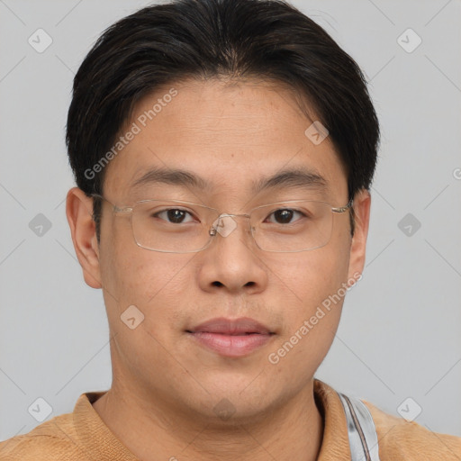 Neutral asian young-adult male with short  brown hair and brown eyes