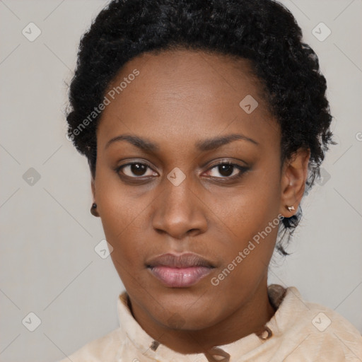 Neutral black young-adult female with short  black hair and brown eyes