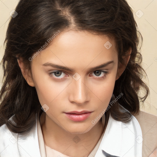 Neutral white young-adult female with medium  brown hair and brown eyes