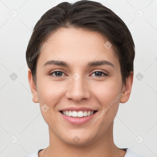 Joyful white young-adult female with short  brown hair and brown eyes