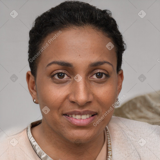 Joyful black young-adult female with short  brown hair and brown eyes