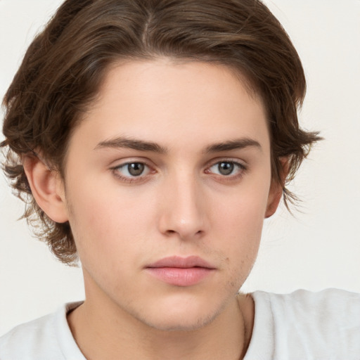 Neutral white young-adult female with short  brown hair and brown eyes