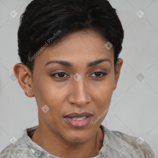 Joyful latino young-adult female with short  brown hair and brown eyes