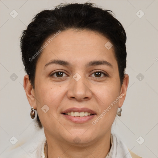 Joyful white adult female with short  brown hair and brown eyes