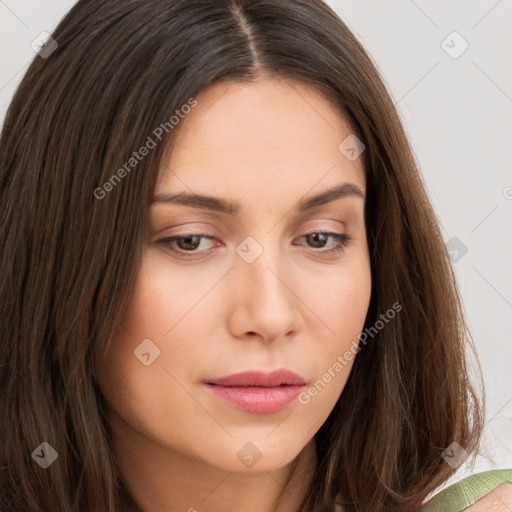 Neutral white young-adult female with long  brown hair and brown eyes