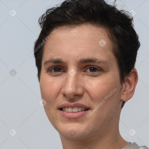 Joyful white young-adult female with short  brown hair and brown eyes