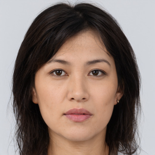 Neutral asian young-adult female with long  brown hair and brown eyes