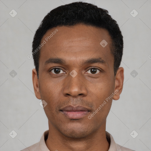 Neutral latino young-adult male with short  black hair and brown eyes