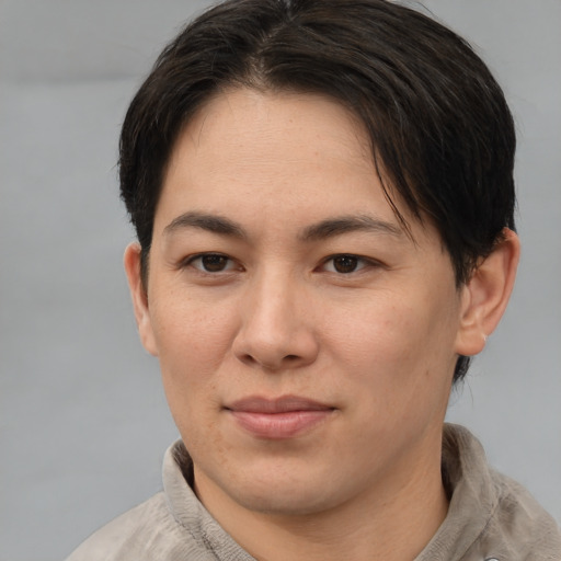 Joyful asian adult female with short  brown hair and brown eyes