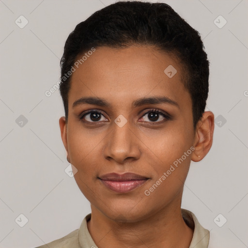 Joyful latino young-adult female with short  brown hair and brown eyes