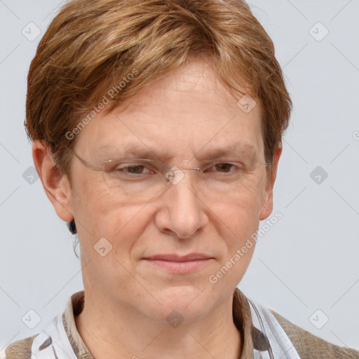 Joyful white adult female with short  brown hair and grey eyes