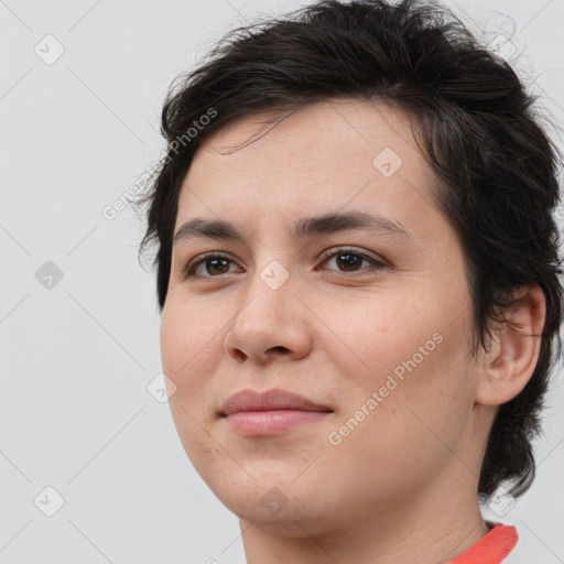 Joyful white young-adult female with medium  brown hair and brown eyes