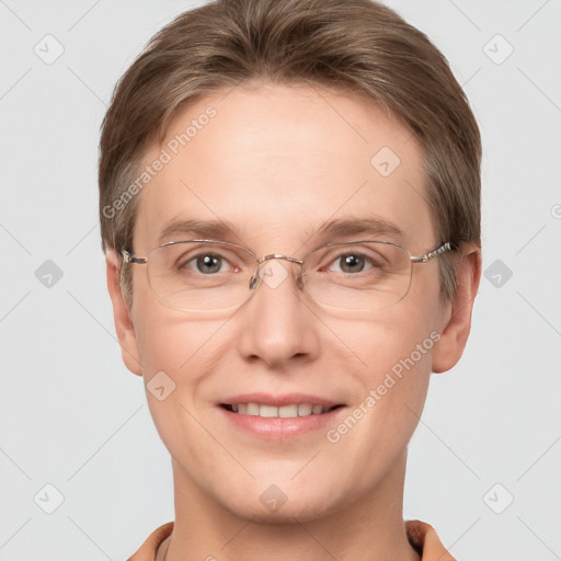 Joyful white adult male with short  brown hair and grey eyes