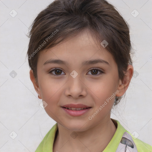 Joyful white child female with short  brown hair and brown eyes