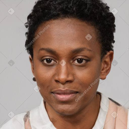 Neutral black young-adult female with short  black hair and brown eyes