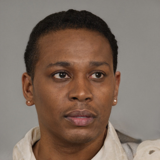 Neutral black young-adult male with short  brown hair and brown eyes