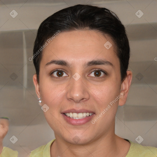 Joyful white young-adult female with short  brown hair and brown eyes