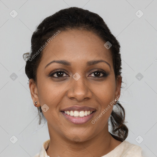 Joyful black young-adult female with short  brown hair and brown eyes