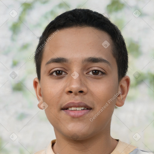 Neutral latino young-adult male with short  brown hair and brown eyes