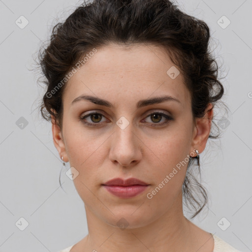 Neutral white young-adult female with short  brown hair and brown eyes