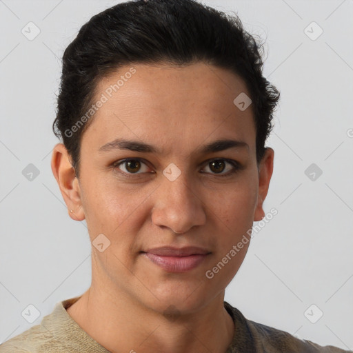 Joyful white young-adult female with short  brown hair and brown eyes