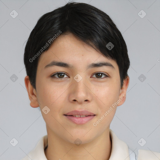 Joyful asian young-adult female with short  brown hair and brown eyes