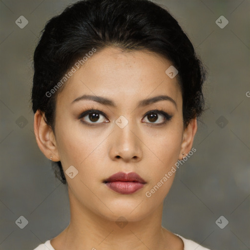 Neutral asian young-adult female with short  black hair and brown eyes