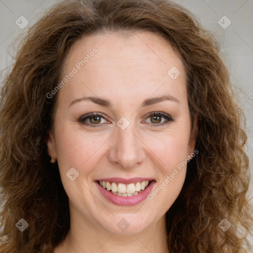 Joyful white young-adult female with long  brown hair and green eyes