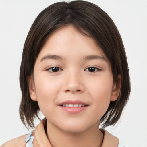 Joyful white child female with medium  brown hair and brown eyes