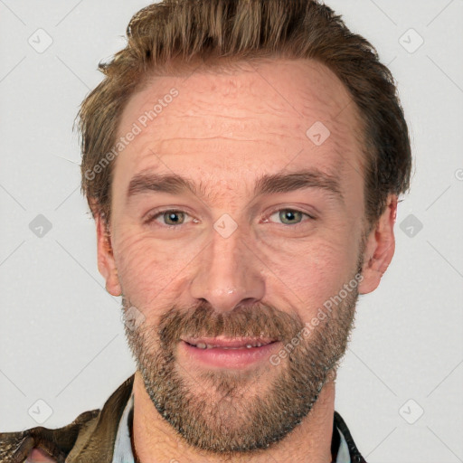 Joyful white adult male with short  brown hair and grey eyes