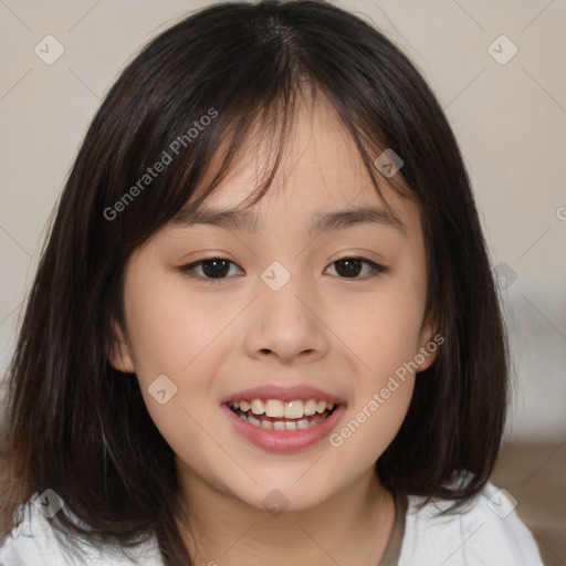 Joyful white child female with medium  brown hair and brown eyes