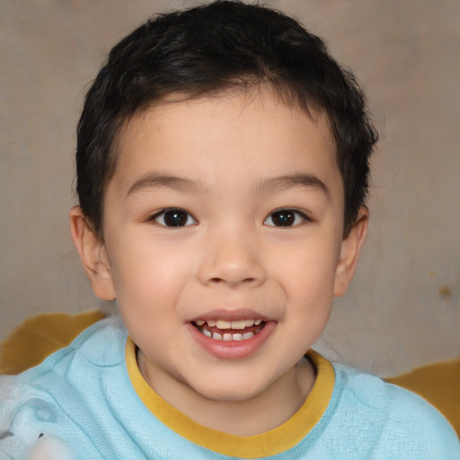 Joyful white child female with short  brown hair and brown eyes