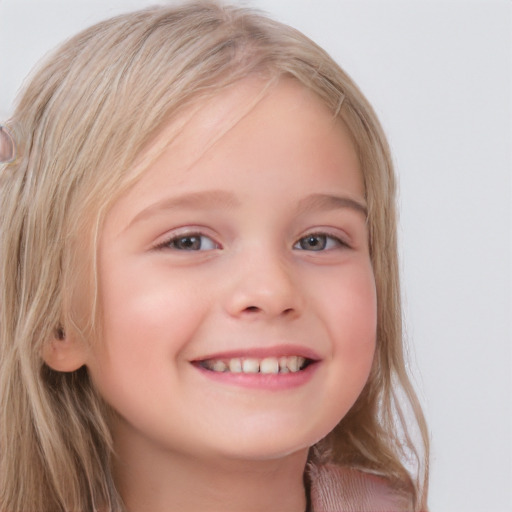 Joyful white child female with long  blond hair and blue eyes