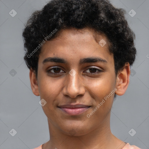 Joyful latino young-adult male with short  brown hair and brown eyes