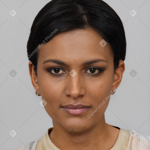Neutral asian young-adult female with short  black hair and brown eyes