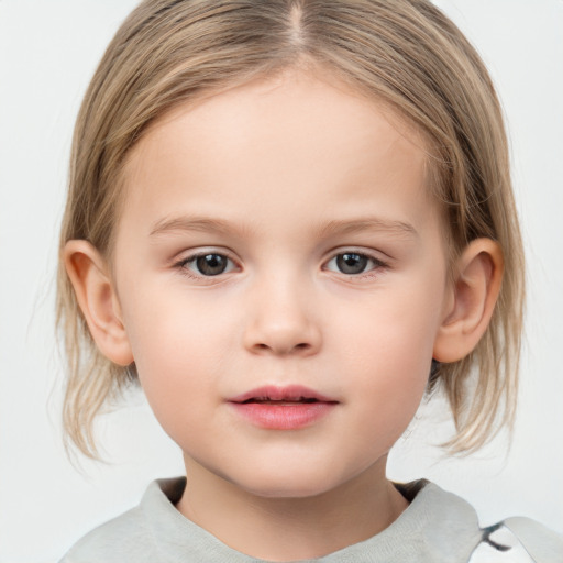 Neutral white child female with medium  brown hair and grey eyes