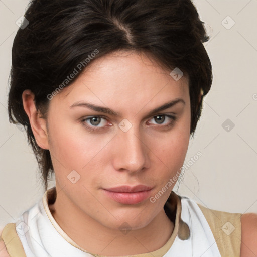 Neutral white young-adult female with medium  brown hair and brown eyes