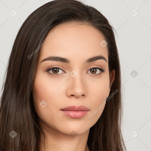 Neutral white young-adult female with long  brown hair and brown eyes