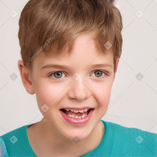 Joyful white child male with short  brown hair and brown eyes