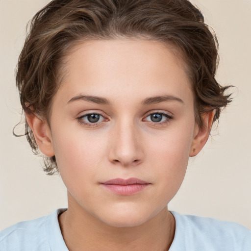 Neutral white young-adult female with medium  brown hair and brown eyes