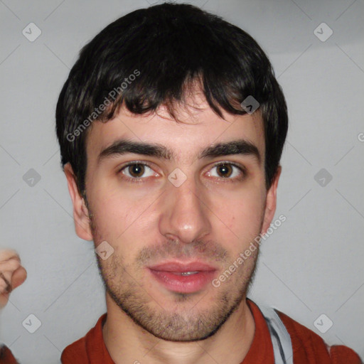 Neutral white young-adult male with short  brown hair and brown eyes