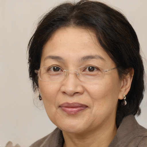 Joyful white middle-aged female with medium  brown hair and brown eyes