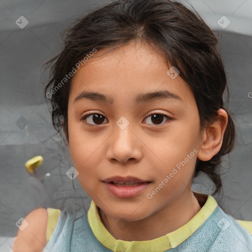 Joyful white child female with medium  brown hair and brown eyes